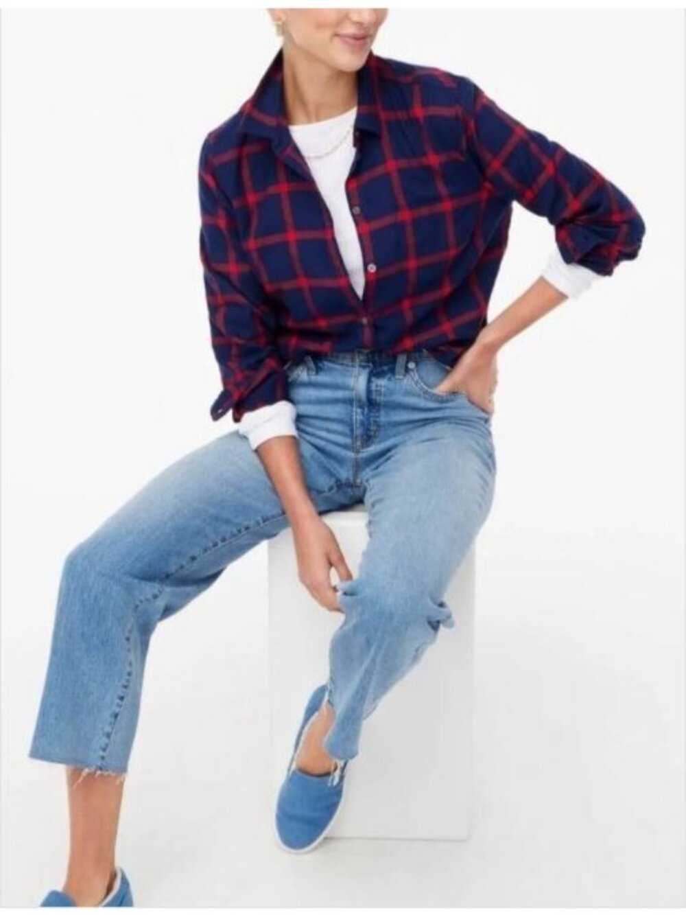 J Crew Top Womens Large Red Blue Windowpane Flannel Button Up Grunge Preppy